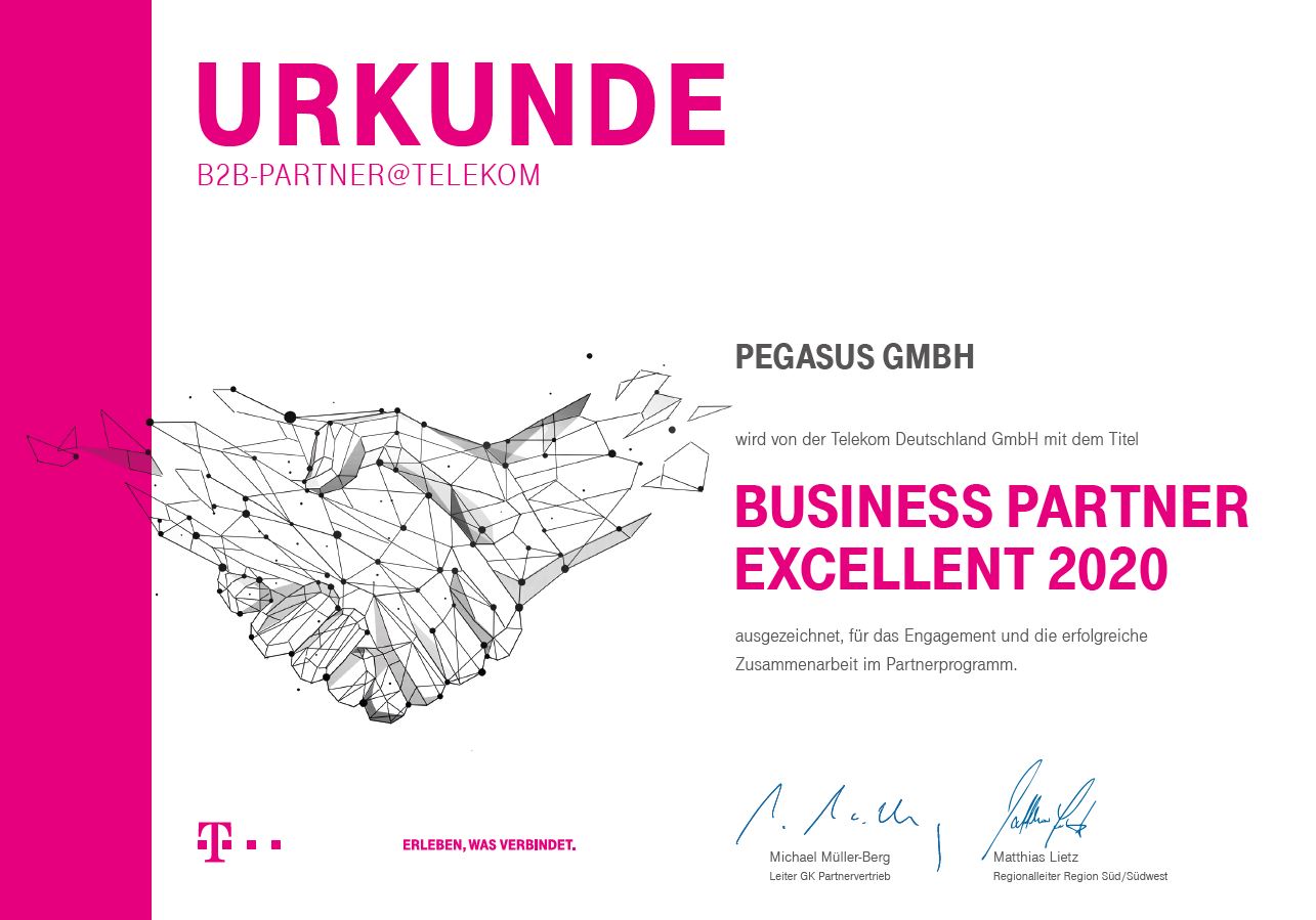 Telekom Business Partner Excellent 2020 Urkunde